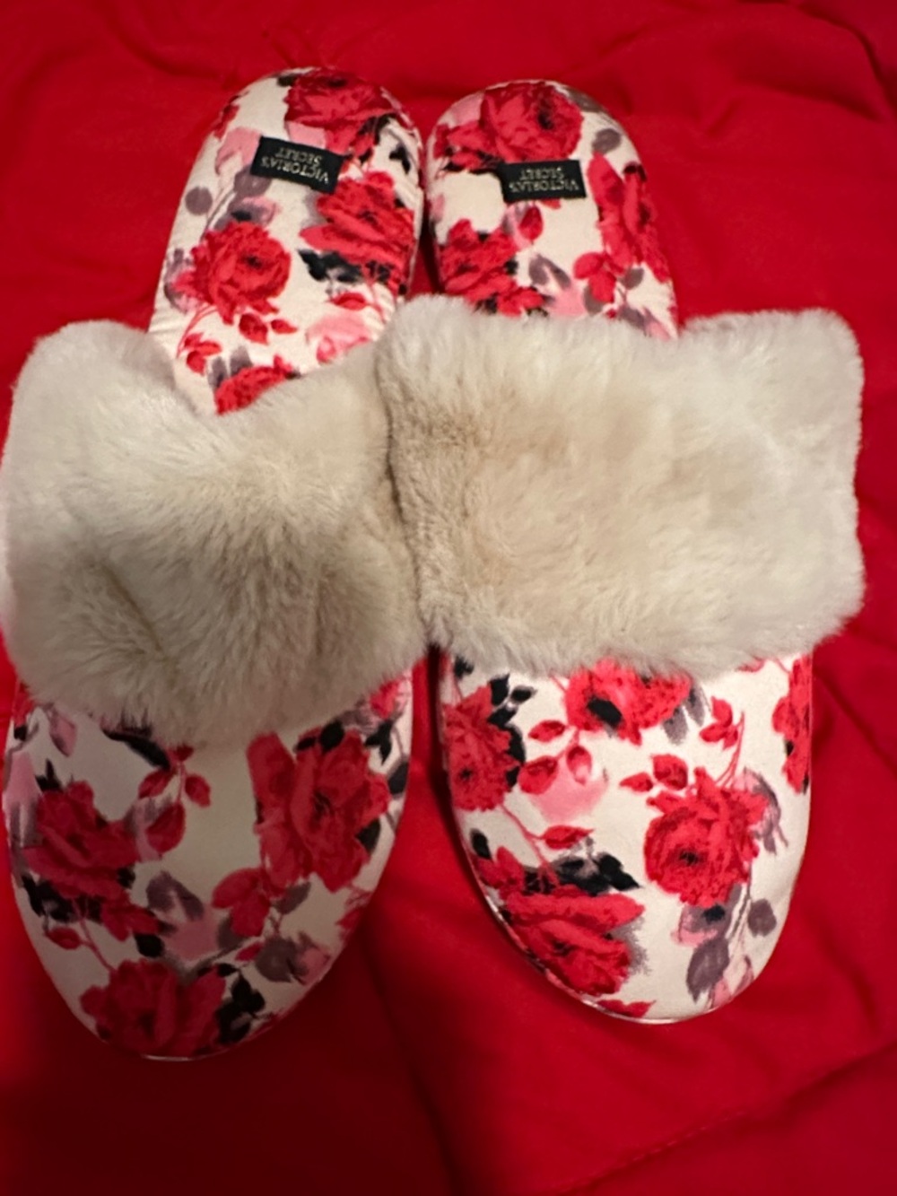 Victoria's Secret Red and Cream Floral Faux-Fur Slide Slippers